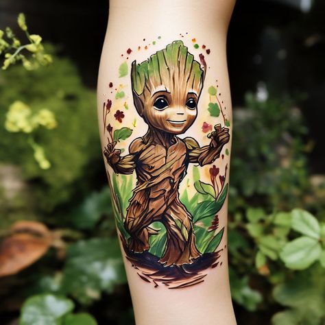 Playful Groot Clean black silhouette of Baby Groot surrounded by vibrant watercolor splashes and delicate branches. A whimsical and eye-catching tattoo. #PlayfulGroot #WatercolorTattoo #TattooDesign #SilhouetteArt I Am Groot Tattoo, Baby Groot Tattoo, Groot Tattoo, Groot Marvel, I Am Groot, Vibrant Watercolor, Baby Groot, Black Silhouette, Watercolor Splash