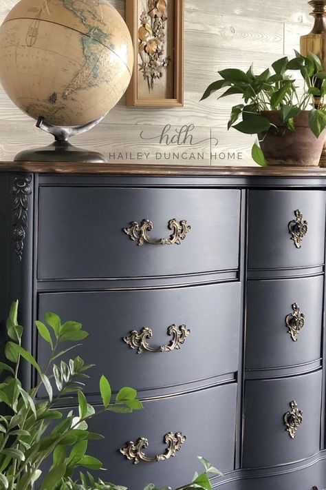 This DIY furniture makeover is stunning in Coastal Blue by General Finishes. It has the classic two tone look of paint and stain, and the hardware cleaned up beautifully. #furnituremakeovers #paintedfurniture Navy Dresser, Navy Blue Dresser, Navy Furniture, Blue Images, Blue Painted Furniture, Painted Bedroom, Navy Paint, Paint Dresser, Blue Dresser