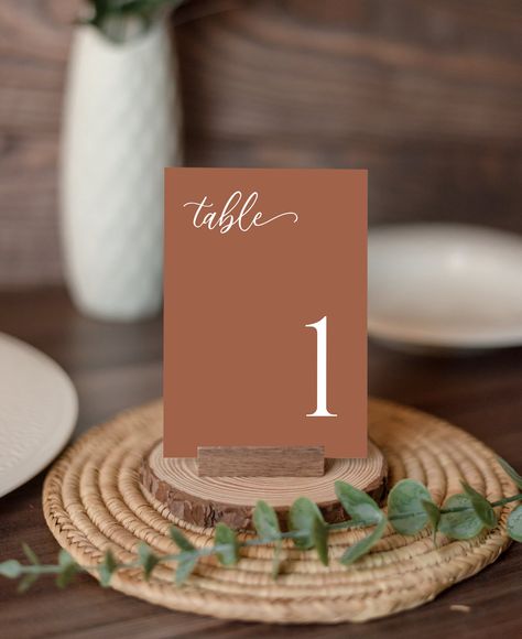 Terracotta Minimalist Wedding Table Numbers | Simple Table Number Card | Modern Script Sign | Editable Template | Printable | J4 Terracotta Table Numbers, Boho Table Numbers, Terracotta Boho Wedding, Boho Wedding Table, Terracotta Table, Table Number Template, Notes Diy, Table Number Card, Number Templates