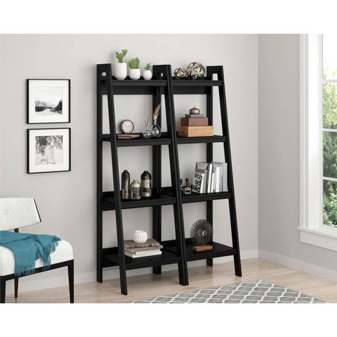 Shelf Ladder, Modern Shelves, 4 Shelf Bookcase, Shelves Ideas, Ladder Bookshelf, Black Shelves, Bookshelf Styling, Black Room, Ladder Shelf