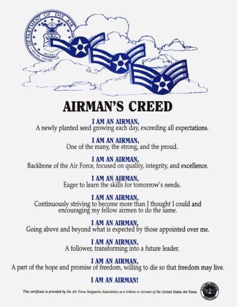 Airman’s Creed Airmans Creed Air Force, Air Force Sayings, Airforce Quotes, Airforce Bmt, Military Send Off Party Ideas, Air Force Quotes, Air Force Nurse, Air Force Basic Training, Air Force Day