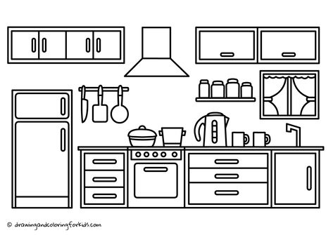 Coloring Page Kitchen | Drawing Kitchen Cabinets | Kitchen Coloring Page Kitchen Cabinets Drawing, Kitchen Cartoon, Kitchen Clipart, Kitchen Background, Kitchen Drawing, House Colouring Pages, Kid Coloring Page, Interior Design Drawings, House Drawing