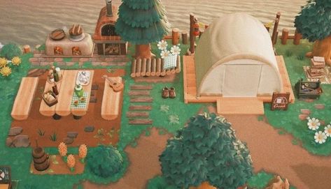 Animal Crossing Island Inspiration Campsite, Camp Ideas Animal Crossing, Animal Crossing Island Decoration, Animal Crossing Camp Ideas, Animal Crossing Rustic Theme, Animal Crossing Inspiration Island, Acnh Island Decor, Campsite Acnh Ideas, Animal Crossing Island Decor