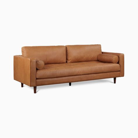 Dennes Leather Sofa (In-Stock & Ready to Ship) | West Elm Tan Leather Couch, Tan Leather Sofas, Feather Wrap, Compact Sofas, Bolster Pillows, Unique Sofas, Salon Suites, Stylish Curtains, Office Inspo