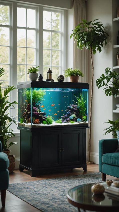 Choosing the right location for your fish tank is crucial for the health of your aquatic pets and the stability of your setup. Avoid direct sunlight, ensure the floor can support the tank's weight, and verify nearby electrical outlets. These considerations will set a solid foundation for your aquarium environment. Home Fish Aquarium, Fish Tank Interior Design, Kitchen Island Fish Tank, Fish Aquarium Ideas For Living Room, At Home Aquarium, Fish Aquarium Ideas, Fish Tank Aesthetic, Aquarium Room, Cool Fish Tank Decorations