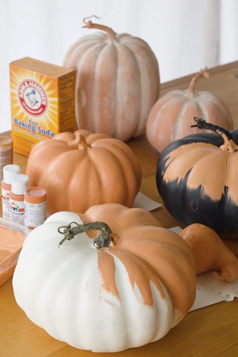 Diy Terracotta Pumpkin Paint, How To Make Terra Cotta Pumpkins, Diy Painting Pumpkins Decorating Ideas, Diy Baking Soda Paint, Faux Terracotta Pumpkin Diy, Chalk Paint Pumpkins Diy, Painted Pumpkins With Baking Soda, Chalk Paint Pumpkins, White Pumpkin Crafts