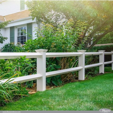 2 Rail Fence Front Yards, Short Fences For Front Yard, Post And Rail Fence Front Yard, Post And 2 Rail Fence, Fence Along Driveway, Lilac Fence, Post And Rail Fence Ideas, Short Fence Ideas Front Yards, Vinyl Fence Front Yard