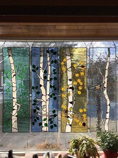 Birch trees 4 seasons | Stained glass designs, Stained glass crafts, Faux stained glass Diy Stained Glass Window, Stain Glass Window Art, Tree Door, Glass Wall Decor, Window Stained, Modern Stained Glass, Stained Glass Door, Glass Window Art, Stained Glass Ornaments