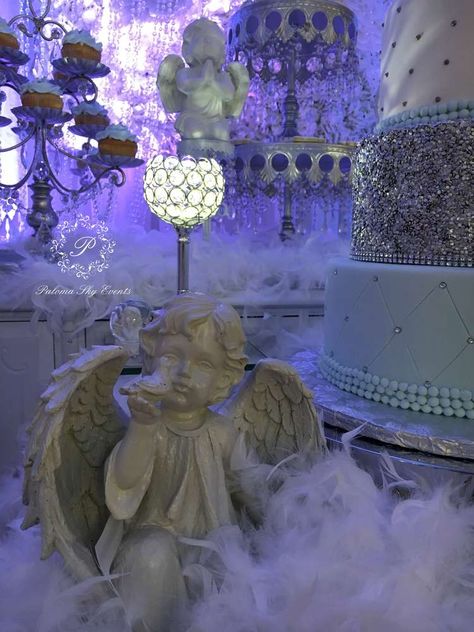 Heavenly Bodies Party Theme, Angel Quinceanera Theme, Heaven Party Decorations, Heaven Party Theme, Angel Decorations Party, Angel Theme Baby Shower Ideas, Angel Party Theme, Heaven Themed Party, Heaven Sent Baby Shower Theme