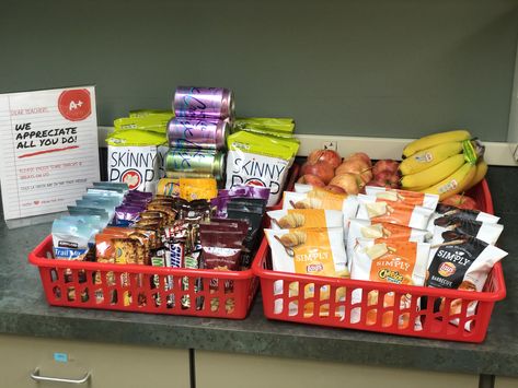 Staff Lounge Snack Ideas, Teachers Lounge Snack Bar, Staff Snack Station, Staff Snack Bar Ideas, Teacher Snacks Ideas, Teacher Meeting Snacks, Teacher Break Room Snack Ideas, Teacher Conference Meal Ideas, Snack Bar For Teachers