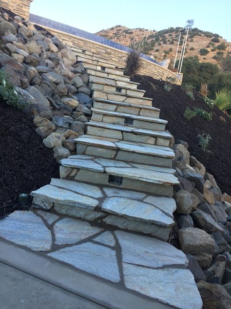 Flagstone faced steps from Temecula,California, outdoor living. McCabes Landscape Flagstone Stairs, Lake Backyard, California Outdoor Living, Concrete Front Steps, Flagstone Steps, Deck Landscaping, River Stream, Stream Bed, California Outdoor