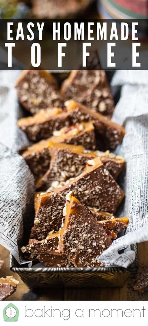 Easy Homemade Toffee Recipe: Made in minutes with just 5 simple ingredients! #toffee #recipe #english #homemade #christmas #butter #chocolate #bark #almond #easy #howtomake #bars #barsrecipe #candy #desserts #pecan #meltinyourmouth #barkrecipes #caramel #recipeeasy #candyrecipe #chocolatebars #dessertrecipes #bakingamoment Easy Toffee Recipe, Toffee Bark Recipes, Butter Toffee Recipe, Homemade Toffee Recipe, Almond Bark Recipes, Christmas Butter, English Toffee Recipe, How To Make Toffee, Soft Toffee