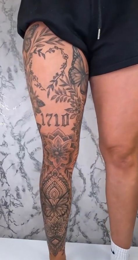 Thigh Sleeve Tattoo, Best Friends Black, Tattoos Feminine, Tattoos Quote, Tattoos Fine Line, Tattoos Abstract, Back Of Leg Tattoos, Tattoos Floral, Tattoos For Best Friends