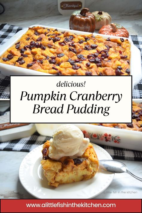 This Pumpkin Cranberry Bread Pudding is a delightfully rustic sweet casserole, and it’s perfect for any occasion that pops up between September throught January. This bread pudding is packed with seasonal favorites such as pumpkin, cranberries, warm spice and it bakes up with a firm texture that’s bit creamy in the middle! It’s sure to be a seasonal favorite! #PumpkinWeek #holidaydesserts #holidaybreakfast #HalloThanksMas #falltreats #bestholidaybreakfast #makeaheadholidayrecipes Bread Pudding Breakfast Casserole, Cranberry Bread Pudding Recipe, Sweet Casserole, Pumpkin Bread Pudding Recipe, Cranberry Bread Pudding, Pumpkin Cranberry Bread, Savory Bread Puddings, Cakes Easy, Pumpkin Bread Pudding