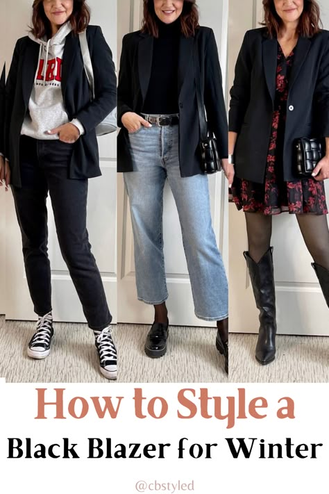 How to style and wear a black blazer with these trendy fashion outfits. Casual winter outfits that are on trend for date night, going out, or even work outfit ideas. Black Knit Blazer Outfit, Black Blazer Date Night Outfit, Winter Black Blazer Outfits For Women, What To Wear With Black Blazer, Blazer And Jeans Outfit Winter, Black Blazer Winter Outfit, How To Wear A Black Blazer, Black Blazer Outfit Winter, Black Blazer Outfit Casual Classy