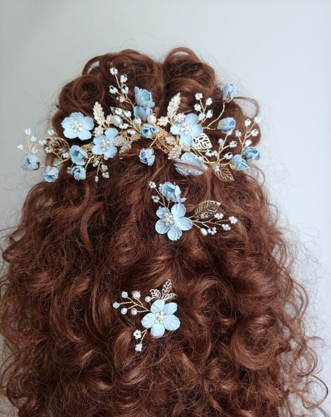 Blue Hair Flowers, Light Blue And Gold Outfit, Float Outfit, Wedding Hairdo, Rose Gold Hair Piece, Something Blue For Bride, Flower Girl Headpiece, Gold Hair Piece, Bride Flower