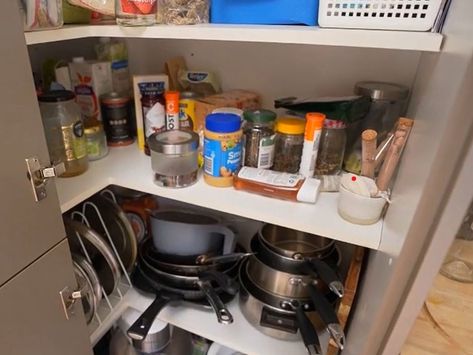 Storage hacks: Professional organiser's $35 rental-friendly Kmart hack instantly boosts storage in small kitchens Small Pantry Organization Kmart, Kmart Kitchen Hack Storage Ideas, Pantry Organization Kmart Australia, Kmart Pantry Organisation, Kmart Organisation Hacks, Pantry Organization Kmart, Kmart Organisation, Deep Pantry Organization, Kmart Hack