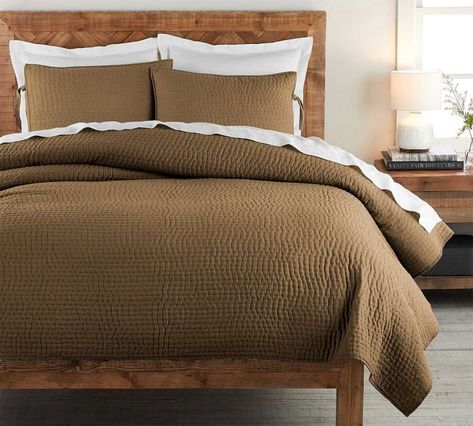 Bronze Pickstitch Handcrafted Cotton/Linen Quilt, Twin | Pottery Barn Pottery Barn Bedding, Pick Stitch, Signature Quilts, Linen Quilt, Quilted Sham, White Quilt, King Quilt, Reversible Quilt, Queen Quilt