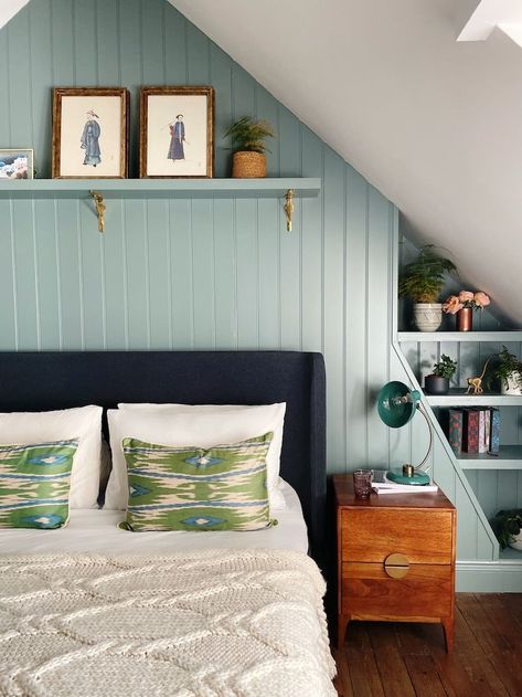 Farrow Ball Wevet, Eaves Bedroom, Bedroom Panelling, Blue Green Bedrooms, Green Headboard, Tongue And Groove Walls, Oval Room Blue, Unique Bedroom Design, Attic Bedroom Designs