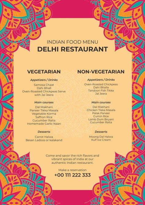 Colorful Hand-drawn Delhi Indian Food Restaurant Menu Indian Food Menu Card, Indian Catering Menu Ideas, Indian Wedding Menu Ideas, Indian Food Menu Design, Indian Restaurant Menu Design, Indian Menu Design, Cafe Dishes, Creative Menu Design, Namaste Indian Restaurant