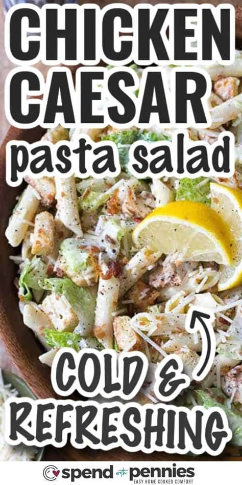 For all the flavors of summer, indulge in this chicken Caesar pasta salad recipe. Penne pasta is tossed with a creamy homemade Caesar dressing, some chicken, romaine, and parmesan cheese for a delicious dish. The dressing is fantastic! Add some shrimp or salmon instead of chicken if desired. Don't forget the bacon! #spendwithpennies Dinner Ideas At The Beach, One Skillet Pasta Meals, Pasta Salads With Chicken, Chicken Salad Pasta Recipe, Ceasar Pasta Chicken Salad, Pasta Salad Recipes With Chicken, Chicken Ceaser Pasta Salads, Side Pasta Salad, Pasta Salad Recipes Chicken