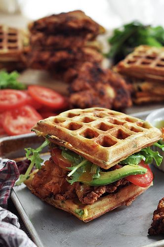 Fried Chicken and Waffle Sandwiches Sandwiches With Bacon, Waffle Sandwiches, Cornbread Waffles, Fried Chicken And Waffles, Waffle Sandwich, Chicken And Waffles, Bacon Cheddar, Green Onion, Waffle Recipes