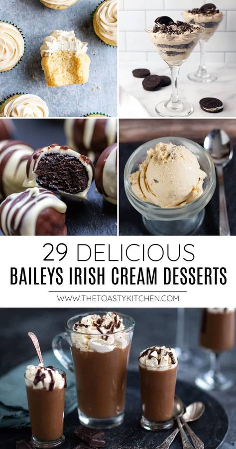 29 Baileys Irish Cream Dessert recipes roundup by The Toasty Kitchen. Not only does Irish cream make an excellent cocktail, but it's also the perfect ingredient for your next dessert recipe! I've gathered 29 of my favorite Baileys dessert recipes to share with you today. From cookies to ice cream, you'll find something to love on this list. #baileys #baileysirishcream #irishcream #desserts #irishcreamdesserts #baileysdesserts #stpatricksday #mardigras #christmas #chocolate #homemade #... Baileys Dessert Recipes, Baileys Desserts, Irish Cream Desserts, Irish Dessert, Baileys Irish Cream Cake, Irish Dessert Recipes, Baileys Dessert, Baileys Irish Cream Recipes, Irish Cream Cake