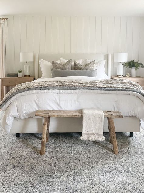 Comfortable Headboard, Shiplap Bedroom, Boho Master, Grey Carpet Bedroom, Light Gray Bedroom, Grey And White Bedding, Modern Coastal Bedroom, Grey Bed Frame, Neutral Bedroom Decor