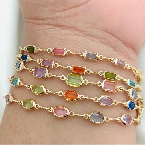 Measurements - Length: 7.5 Inches -Small Rectangular Bracelet Width: 3mm -Large Rectangular Bracelet Width: 5mm -Oval Bracelet Width: 4.5mm Stone Anklet, Cristal Bracelet, Oval Bracelet, Baguette Bracelet, Multicolor Bracelet, Bracelet Layering, Cubic Zirconia Bracelet, Gems Bracelet, Bracelet Crystal