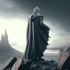 זיוז-י-ו: A mysterious man in a gray cloak stands on the edge of the world and looks into the future, Over the shoulder point of view, Stone Statue Cloak Back View, Man In Cloak, Emrys Aesthetic, Cloaked Man, Dnd Poster, Mysterious Man, Book Vibes, Dnd Campaign, Edge Of The World