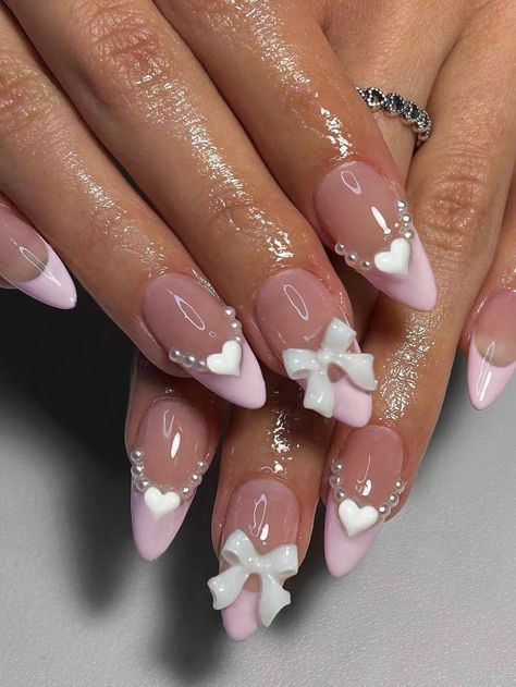 Multicolor  Collar    Bare Nails Embellished   Nail,Hand & Foot Care Bow Nail Designs, Cute Pink Nails, Long Almond, Cute Simple Nails, Simple Gel Nails, Girly Acrylic Nails, Short Square Acrylic Nails, Pretty Gel Nails, Really Cute Nails