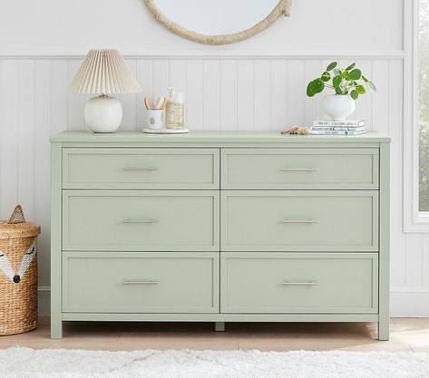 Camden Extra-Wide Dresser | Pottery Barn Kids Sage Green Dresser Nursery, Light Green Dresser, Sage Green Dresser, Mint Green Dresser, Dresser Colors, Small Dressers, Girls Dresser, Dressers Bedroom, Kids Dresser