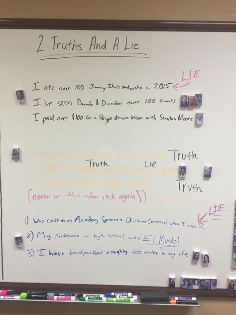 Whiteboard 6: 2 TRUTHS & A LIE. Have people take turns writing 2 truths and 1 lie about themselves. People guess which is the lie. 2 Truths And 1 Lie, Two Truths And A Lie, Work Team Building, Jimmy Johns, The Lie, Truth And Lies, Drum Lessons, Building Ideas, Random Image