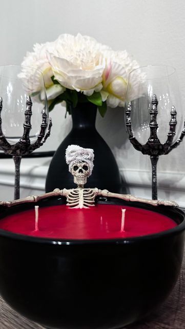 Danna Wells on Instagram: "Who doesn’t love a relaxing bath?! 💀🩸 Save for DIY inspo and follow for more. 🎃 Here is what i used: -3 candles from Dollar Tree- 1 red, & 2 white. Black bowl also from there. -Skeleton from walmart -black hot glue sticks from Amazon #diy #diyhalloweendecor #diyhalloween #diyhalloweendecorations #diyreels #easydiydecor #halloweendecor #halloweendiy #skeletoncandle #halloweencrafts #halloweenprojects #halloweenreels #reelsvideo #viralvideos #skeletondecor #hallowe Hot Glue Sticks, 3 Candles, Diy Bowl, Easy Halloween Decorations, Red Bowl, Easy Diy Decor, Skeleton Decorations, Black Bowl, Candle Favors