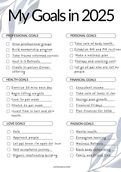 🌟 2025 Goal Planning Exercise Page 🌟 What's included? * 1 PDF Page and Canva Template Link Transform your aspirations into reality with our thoughtfully designed goal planning exercise for 2025! This printable page and link to Canva template encourages you to break down your goals into key areas: Professional, Personal, Health, Financial, Love, and Passion Whether you're looking to advance your career, enhance your wellbeing, nurture relationships, or pursue new passions, these goal planning pages are designed to guide you every step of the way. Start 2025 with purpose and clarity--let's turn your dreams into action! 🌈 Perfect for anyone ready to take charge of their year and create a life they love. 📥 Download instantly and begin your journey toward success today! Personal Improvement Plan, Vision Board Workshop, Planning Sheet, Vision Board Diy, Vision Board Planner, Goals List, Goals Template, Vision Board Examples, Goal List