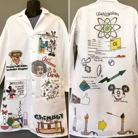 Every great science teacher deserves a personalized, one-of-a-kind lab coat!  Info@ScienceWear.net for size chart and ordering information Lab Coat Decorating Ideas, Kids Lab Coat, Pyramid Of Success, Mad Scientist Costume, Scientist Costume, Lab Science, Career Day, Goal Board, Shirt Inspiration