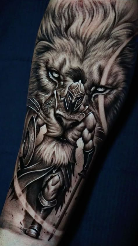 Mens Lion Sleeve Tattoo, Lion Sleeve Tattoos For Guys, Mens Cover Up Tattoos Arm, Tattoos On The Buttocks, Lion And Warrior Tattoo Design, Lion Tattoo Man, Christian Lion Tattoos For Men, Lion Tattoo Designs For Men, Tattoo Cover Up Ideas For Men Forearm