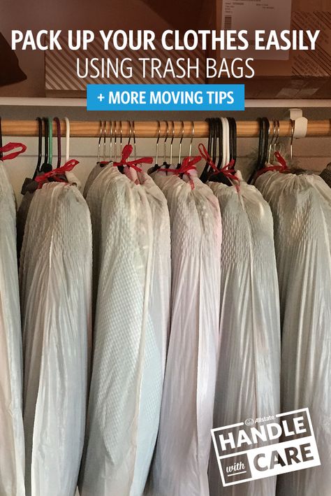 Here’s a great moving tip: pack up your clothes by tying trash bags around them. It helps keep your clothes organized, protected and on the hanger. We’ve got plenty more easy packing tips on our Moving Center. Trash Bag Clothes Moving, Moving Clothes On Hangers, Moving Hanging Clothes, Capsule Packing, Moving Clothes, Moving House Tips, Moving Hacks Packing, Moving Guide, Organizing For A Move