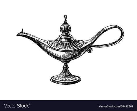 Magic Lamp Tattoo, Magic Lamp Illustration, Oil Lamp Drawing, Lamp Vector, Magical Lamp, Lamp Tattoo, Simple Sketches, Spirit Tattoo, Genie Lamp