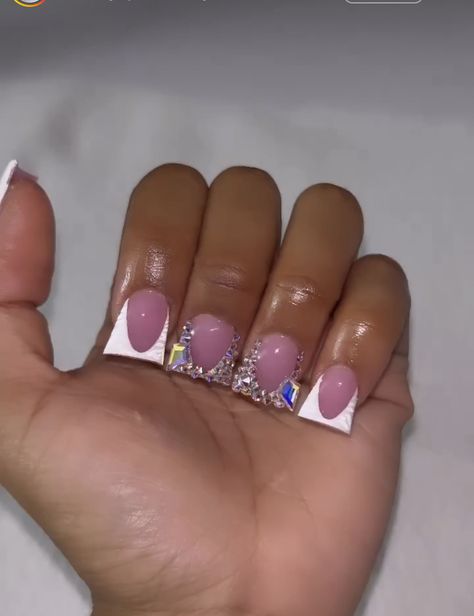 Duck Shape Nails French Tip, Duck Nail Inspiration, Short Nails Rhinestones Design, Short Duck Nails Halloween, Duck Nails With Rhinestones, Shortie Duck Nails, Short Duck Nails Acrylic Y2k, Duck Short Nails, Nail Designs Girly