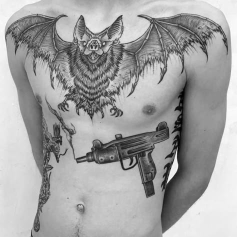 Bat Chest Tattoo, Uzi Tattoo, Wing Tattoo Men, Hipster Tattoo, Gangsta Tattoos, Bat Tattoo, Cool Chest Tattoos, Fire Tattoo, Kawaii Tattoo