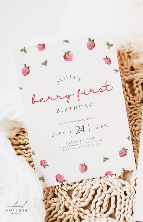 The perfect digital invitation template for your 'berry first' boho themed 1st birthday party! Effortlessly customize and share the joy online with this chic design. A perfect base for your decor to set the tone for a beautiful event! Perfect for hassle-free party planning. Make the day memorable and share the excitement with friends and family. Instant Download with the option of sending via text or printing. Visit 'Our Dearest Moments' to shop the collection and buy now! First Birthday Invites Girl, Twin Girls 1st Birthday Party Ideas, 1st Birthday Girl Invitations, Twin Birthday Themes, Berry First Birthday Party, 1st Birthday Party Ideas, First Birthday Invitation Cards, First Birthday Ideas, Boho Berry