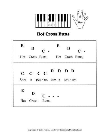 Hot Cross Buns, pre staff piano music with letters for preschool and beginning piano lessons. Pre Staff Piano Sheet Music, Letters For Preschool, Keyboard Songs, Play Keyboard, Keyboard Notes, Piano Music With Letters, Beginning Piano, Staff Music, Learn To Play Piano