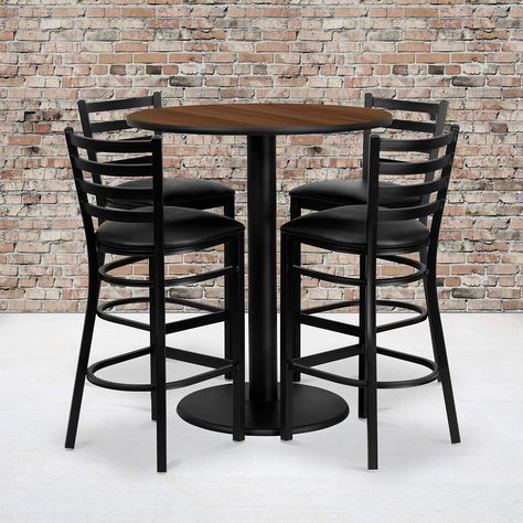 PRICES MAY VARY. Bar Height Table and Stool Set Set Includes 4 Barstools, Round Table Top and Round Base Designed for Commercial and Home Use Round Table PRODUCT MEASUREMENTS: Table Size: 36"W x 36"D x 42"H; Chair Size: 17"W x 18"D x 42.25"H; Back Size: 15"W x 12"H; Seat Size: 16.75"W x 16.5"D x 31"H Don't have time to search through hundreds or thousands of table and seating options? This complete Bar Height Table and Stool set saves you time to focus on your growing business.   This set includ Metal Barstools, Laminate Table Top, Bar Table And Stools, Bar Table Sets, Bar Height Table, Height Table, Black Bar Stools, Walnut Table, Restaurant Tables