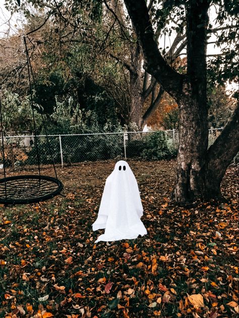 ghost toddler fall tree sheet leaves spooky swing Toddler Ghost Photoshoot, Spooky Photoshoot Ideas, Spooky Photoshoot, Ghost Pics, Halloween Sleepover, Ghost Photo, Ghost Photoshoot, Fall Things, Ghost Pictures