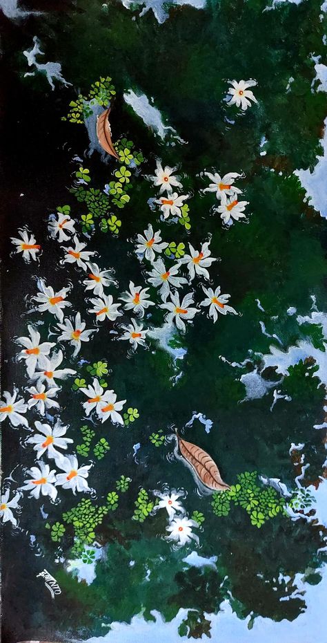 Shiuli Flower Painting, Parijat Flower Painting, Shiuli Flower Drawing, Flowers Aesthetic Painting, Shiuli Flower, Parijat Flower, Simple Wall Paintings, Abstract Expressionist Art, Easy Flower Painting