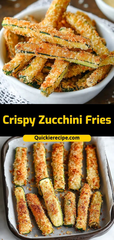 These Crispy Zucchini Fries are crunchy, savory, and baked to golden perfection. A healthy and delicious snack or side dish!  Ingredients:  2 zucchinis, cut into strips 1/2 cup breadcrumbs 1/4 cup Parmesan cheese 1 egg A guilt-free, crispy fry alternative that’s full of flavor Fried Zucchini Panko, Zucchini Sticks Baked, Zucchini Snack Recipes, Zucchini Fries Oven, Fried Zucchini Recipe Easy, Skinnytaste Zucchini, Fried Squash And Zucchini, Zucchini Sides, Fry Alternative