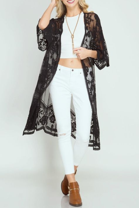 Sleeveless Kimono Outfit, Lace Duster Outfit, Lace Kimono Outfit, Duster Outfit, Black Lace Cardigan, Lace Duster, Kimono Outfits, Sleeveless Kimono, Duster Kimono