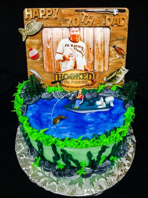 70th birthday fishing themed cake Deer Hunting Cake, Hunting Birthday Cakes, Fishing Theme Birthday, Fish Cake Birthday, Fishing Cake, Hunting Cake, Deer Cakes, Hunting Birthday, Golf Cake