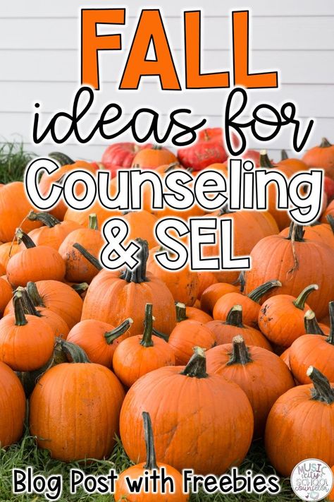 This blog post offers great counseling & SEL ideas, activities, and resources for the fall season. It includes two free posters, story book recommendations, and fall game suggestions. Great for school counselors, social workers, school psychologists, and elementary teachers. #SEL #counseling #fall #autumn Fall Therapy Activities, Sel Halloween Activity, Halloween Counseling Activities For Kids, Thanksgiving Sel Activities, Small Group Activities Elementary, Thanksgiving Counseling Activities, Fall Therapy Activities For Kids, Halloween Counseling Activities, Elementary School Counseling Activities